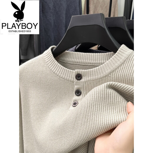 Playboy (PLAYBOY) Henry collar T-shirt men's long-sleeved autumn new jacquard inner layering shirt three-button round neck men's knitted sweater wool T black Q-19227 M 48