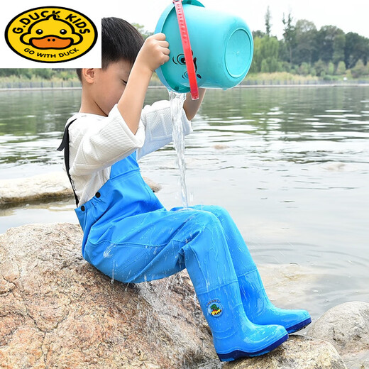 G.duck children's suspender waders children's water play waterproof clothing thickened boys and girls fishing kindergarten baby one-piece rain boots children's suspender model yellow + large pocket 27 size - shoe size