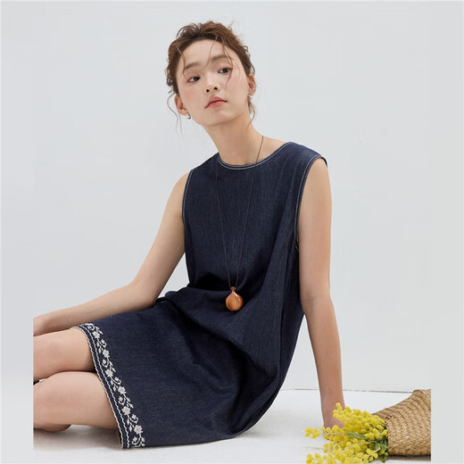 
Giordano designer straight skirt for women summer embroidered round neck denim vest dress for women 18465809