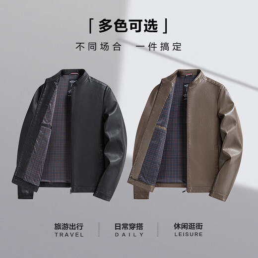 SHANSHAN Shanshan Leather Jacket Men's Autumn and Winter 2025 New Stand Collar Business Casual Young and Middle-aged Anti-wrinkle Easy-Care Commuting Dad Clothes Black XL /180