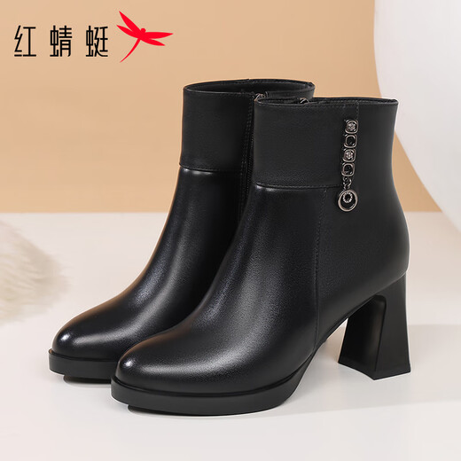 Red Dragonfly Genuine Leather Women's Boots Ankle Boots Short Boots Winter Velvet Warm French High Heel Boots Mother's Boots Slim Boots Short Boots Black Single Liner (Heel Height 7.5cm) 37