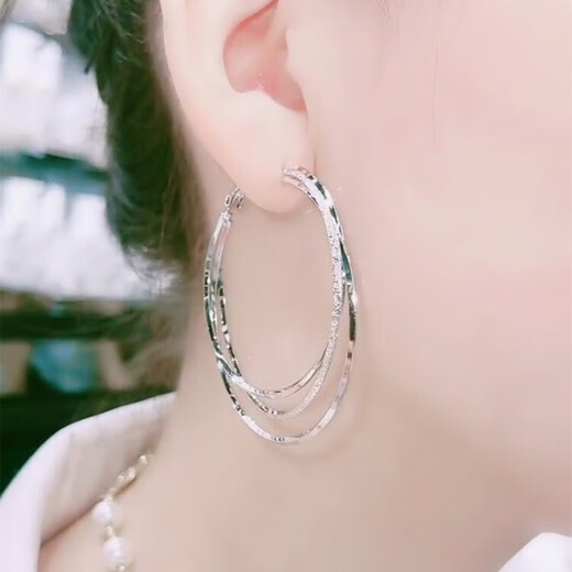Buhesyt old Phoenix 999 imitation silver pure silver Sansheng III large ear hoop earrings for women and buckle versatile earrings silver diameter 4cm