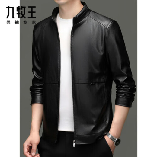 Jiumuwang men's leather jacket short stand collar zipper autumn and winter casual jacket PU leather top middle-aged dad men's jacket black M