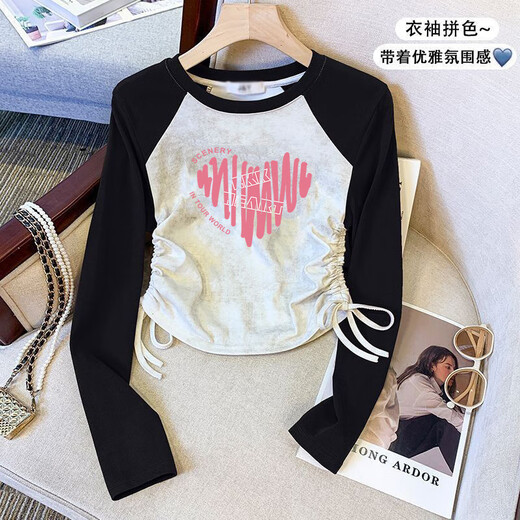 Girls raglan printed T-shirt long sleeves 2026 autumn medium and large children's style drawstring short tops slim bottoming shirt black drawstring butterfly cat 160