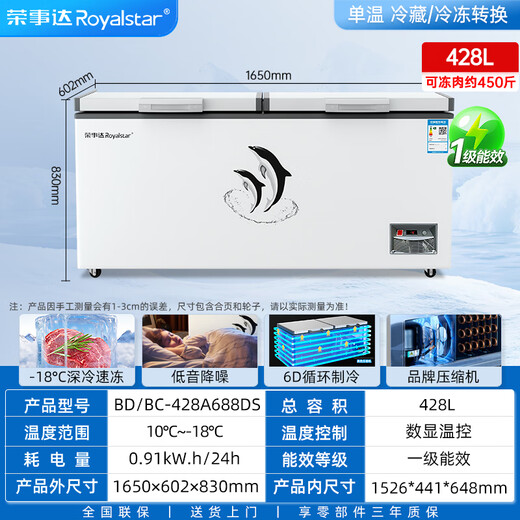 Royalstar Freezer Commercial Large Capacity Full Freezer Horizontal Freezer Household Refrigerator Freezer Dual-Temperature Commercial Large Freezer Freezer Display Cabinet High Cost-Effectiveness 688 Single Temperature Copper Tube First-Class Energy Efficiency Digital Display Temperature Control