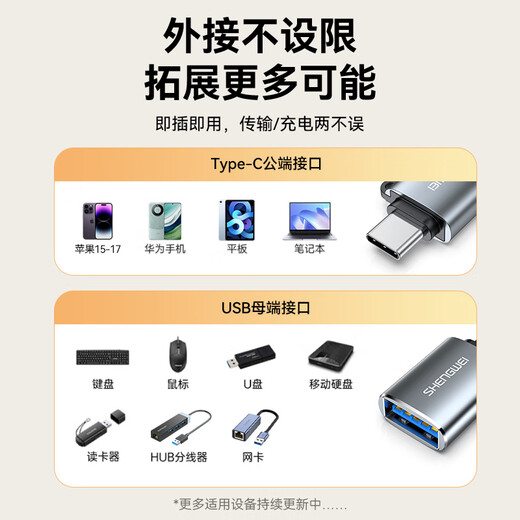 胜为Type-c转换USB3.2 OTG转接头苹果17/16/15安卓华为手机平板接U盘耳机键鼠车载充电10G数据ETU0003J