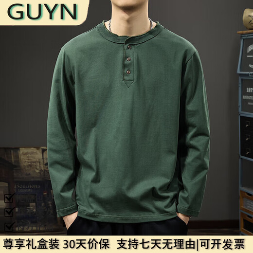 GUYN light luxury men's clothing brand 2025 spring new pure cotton Henry collar long-sleeved T-shirt for men, loose, fashionable and versatile, military green military green 2XL 150175Jin Jin equals 0.5 kg