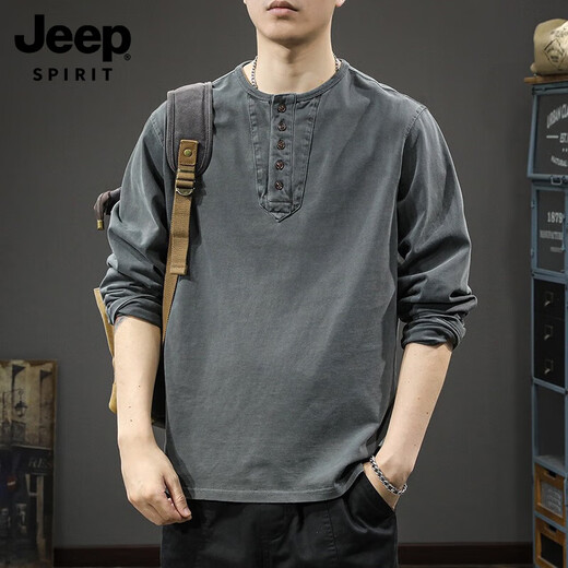 JEEP SPIRIT2025 new casual men's pure cotton long-sleeved T-shirt loose and thin spring and autumn trendy brand Henry collar bottoming shirt sweatshirt 2315 charcoal gray sweatshirt XL suitable weight 145-160Jin Jin equals 0.5 kg