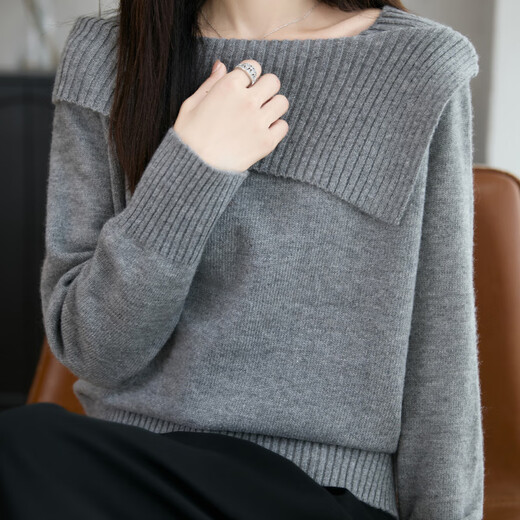 La Chapelle French design shawl one-shoulder sweater feminine bottoming thickened lapel sweater 2025 autumn and winter new style beige XL recommended weight 125-150Jin Jin equals 0.5 kg