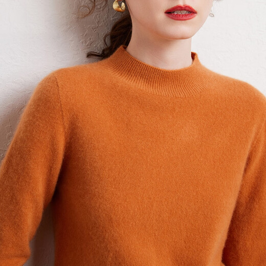 SENLIYA international light luxury high-end cashmere sweater is simple and easy to wear seamless 100 pure cashmere sweater women's half turtleneck loose Emma Orange S