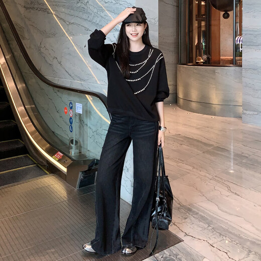 MEIYANG Pearl Sweater Heavy Industry Beauty Handmade Beading Casual Simple Round Neck Top Sweet and Slim Autumn New Style Black M