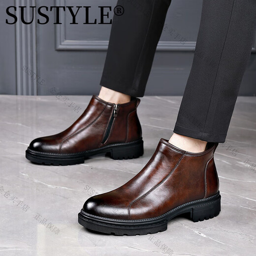SUSTYLE高端品牌高档2025男士切尔西皮靴商务时装靴复古马丁靴男 棕色 单层 40 (皮鞋尺码)