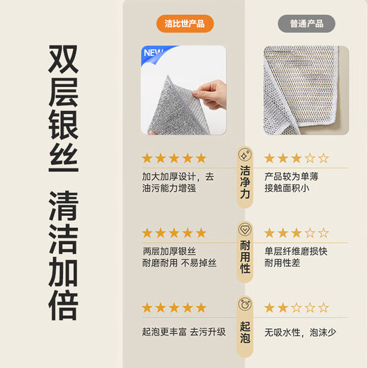 JEBIS double-layered silver wire rags 20*20cm 6 pieces to replace steel wire balls kitchen pot brush artifact scouring pad kitchen dishwashing cloth