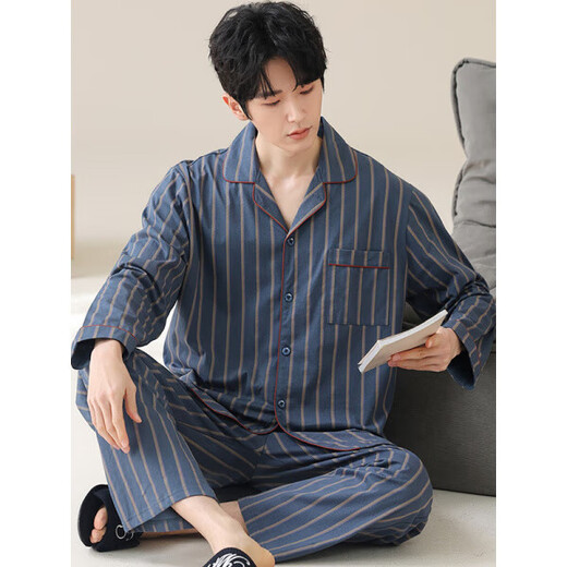 Hailan Home's spring and autumn cardigan pajamas men's long-sleeved trousers plus large size autumn and winter simple stripes can be worn outside. Long-sleeved cardigan suit-OMM12014 4XL men's recommendation 190-210Jin [Jin equals 0.5 kg]