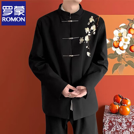 ROMON Haute Couture New Chinese Groom's Suit White Magnolia Flower Embroidered Stand Collar Tunic Suit Jacket Engagement Dress XF66 White Magnolia Black (Single Suit) 2XL