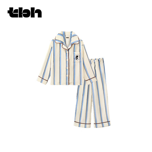 Brutalist Home (tbh) Urban Beast Black Panther Flannel Home Clothes Set Can Be Weared Outside Couple Pajamas Winter Blue and White Stripes M