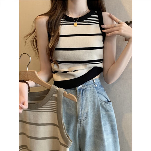 Chaleco de suspensión de punto rayado retro francés para mujeres en verano, exterior, camisa base sin mangas, negro, talla individual, recomendado 85-135 Jin [Jin equivale a 0.5 kg]