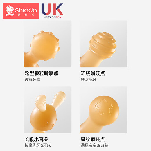 Xin'andai bunny teether, baby chewing gum, baby teething stick, teething period, oral toy, anti-eating hand artifact, nano silver three-piece set, peach pink rabbit + small mushroom (comes with molar stick + anti-falling)