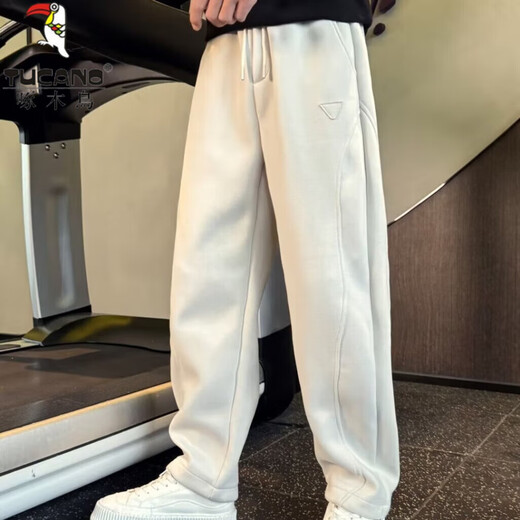 Woodpecker Autumn and Winter Thickened Sports Trousers Men's Loose Elastic Casual Pants Junior High School Students Plus Velvet Warm Trousers White Gray (Regular Style) XL