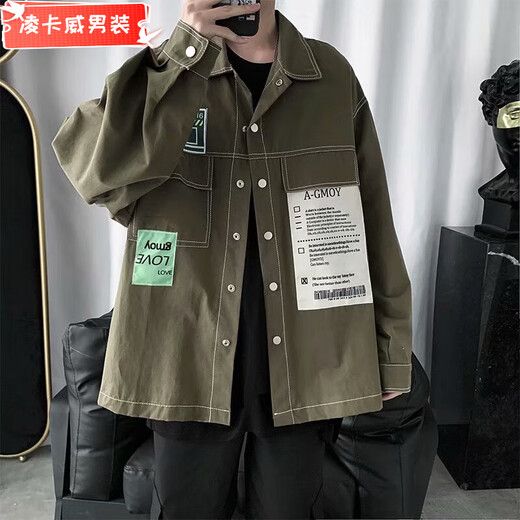 凌卡戚春秋季日系拼接男士牛仔夹克潮流学生韩版衬衫青少年宽松工装外套 L15886 M (90-105斤)