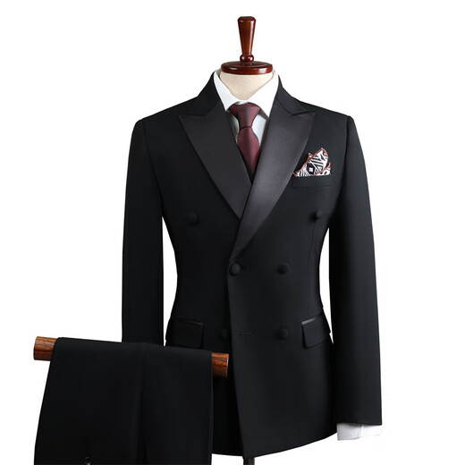 Vbanlya Italian brand 2025 double row suit men's suit groom wedding dress groomsmen suit suit male host black (suit + trousers) 2XL 9011 black 54_(135-145Jin Jin equals 0.5 kg)