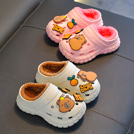 Kapibara children's cotton slippers, boy's winter cartoon cute non-slip indoor soft-soled baby slippers, khaki (heel included) 12 size 38/39 (suitable for 37/38 feet)