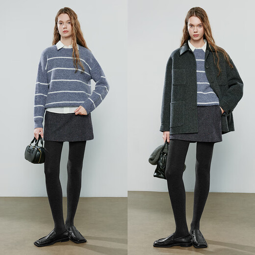 Chuyu sweater women's 2025 winter new style lazy striped round neck loose off-shoulder alpaca yarn slimming top light blue M