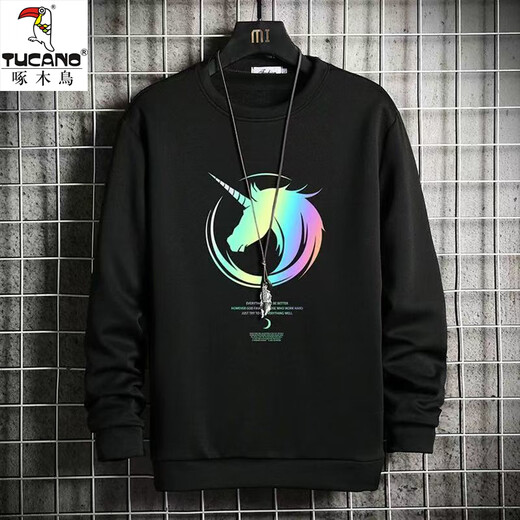 Woodpecker long-sleeved T-shirt men's autumn and winter trendy brand loose round neck bottoming shirt youth casual sports velvet sweatshirt clothes fishing cat white XL