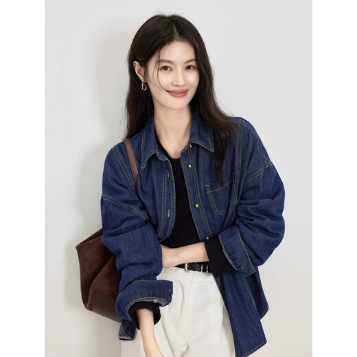 Jingdomeng Dujuan Same Style Dark Blue Denim Shirt Women's 2026 Spring New Lazy Loose Slim Casual Fashion Jacket Dark Blue One Size (120Jin Jin is equal to within 0.5 kg)