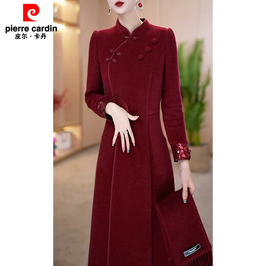Pierre Cardin 2025 New Mother's Cheongsam Dress Spring and Autumn Thickened Warm Two-piece Set Burgundy Thickened Cheongsam 2XL Recommended 121-130 Jin Jin equals 0.5 kg
