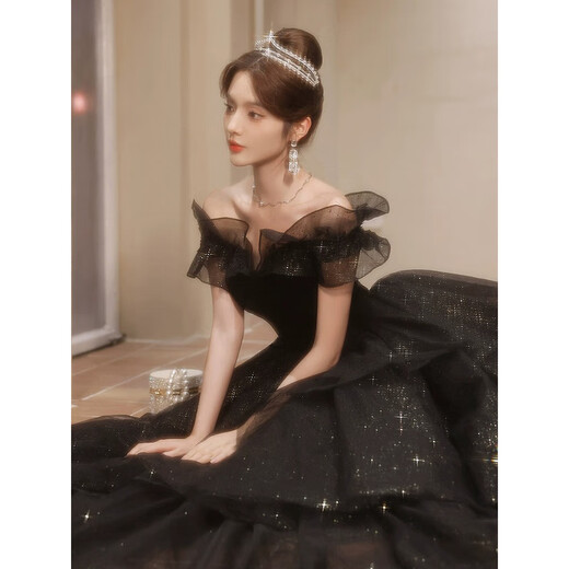 Black one-shoulder evening dress for women, high-end light luxury, niche adult ceremony, tutu skirt, dinner host art test, black 2XL 115Jin Jin is equal to 0.5kg -120Jin Jin is equal to 0.5kg, the card size is large