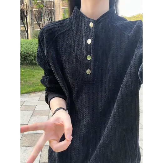 Lingbo Black Herringbone Pattern Breasted Stand Collar Sweater Men's Autumn Cleanfit Heavyweight Long Sleeve T-Shirt Bottoming Henry Shirt Black 2XL 150-165Jin Jin is equal to 0.5 kg