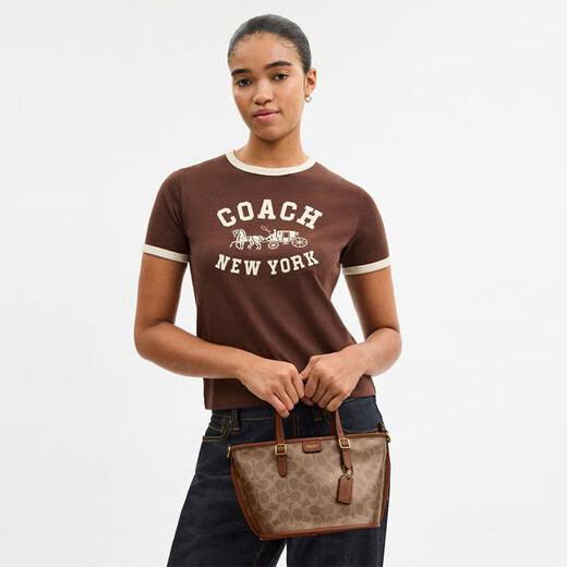 COACH Gift Women's Classic Logo TAXI No. 21 Tote Bag Shoulder Crossbody Bag Commuting Women's Bag High-end B4/Brown Mink Brown