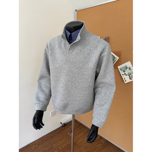 Lingbo (XUANSENTU) light gray American plaid fake two-piece sweatshirt men's autumn Henley collar polo shirt cle gray fabric upgrade 2XL