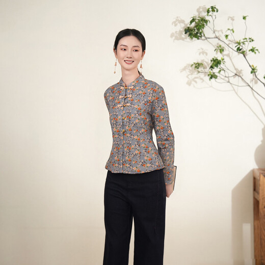 Cloth charm blue clip/glazed gourd silk cotton gourd flower button top 2025 winter new arrival printed warm blue clip XL