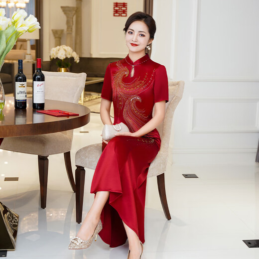 Fumini high-end mother-in-law wedding evening dress dignified and high-end mother-in-law mother-in-law 2026 new dress burgundy L