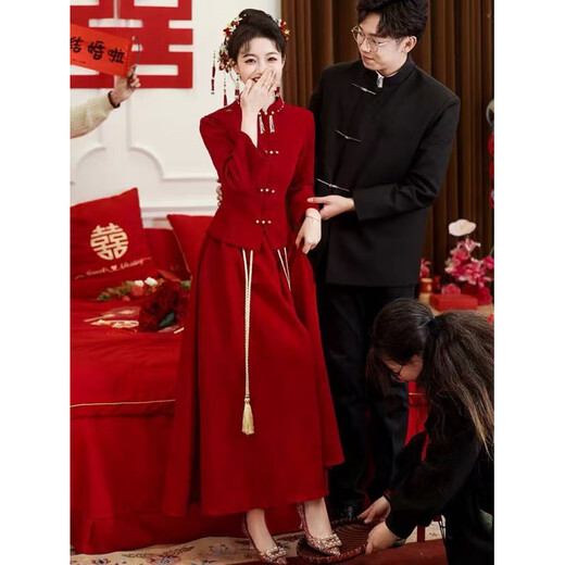 Spring Man Toast Wear Bride Burgundy Chinese Engagement Dress Home Casual Wear 2025 New Small Dress Suit Burgundy M
