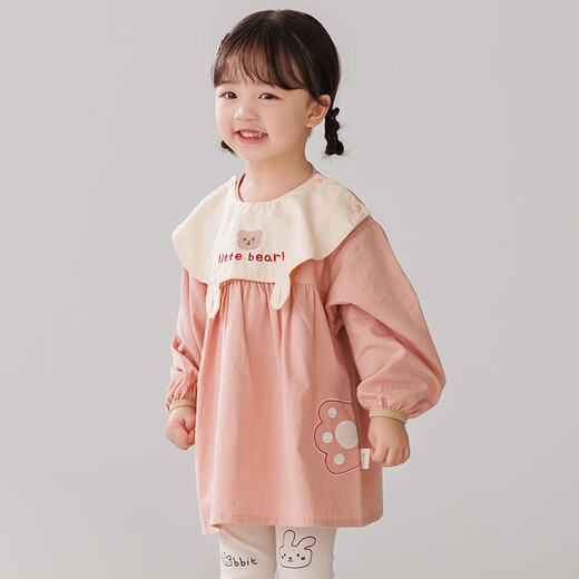 Sweet and cute pure cotton waterproof reverse wear smock for infants and toddlers, anti-fouling protective clothing for eating, coat and bib pocket, pink cat claw and bear collar 90 recommended 76-80cm
