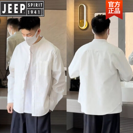 JEEP2025 Spring and Autumn Simple Henry Collar Casual Shirt Men's Fashion Old Money Style Loose Versatile Textured Long-Sleeved Top White M 100-130Jin Jin is equal to 0.5 kg