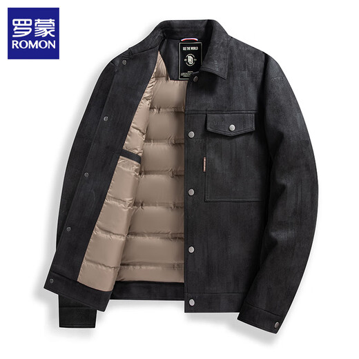 Мужской кожаный пуховик ROMON, новинка зимы 2025, утепленная холодная куртка, повседневный красивый мужской топ, черный, L (170) (рекомендуемый вес 100–115 Jin Jin равен 0,5 кг)