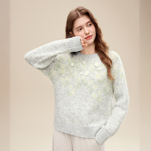 Betu women's 2025 winter new sweater hand hook jacquard trendy three-dimensional flower soft waxy top for women 2511T51 light gray M (light gray pre-sale shipped on 11/20)