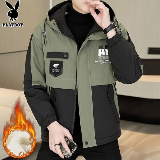 Playboy (PLAYBOY) jacket men's velvet thickened casual jacket men's autumn and winter workwear hooded high-end assault cotton clothes