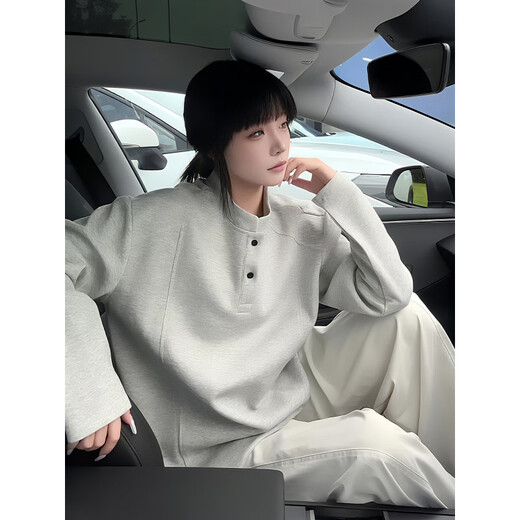 QGF Henry collar right shoulder long-sleeved T-shirt men's autumn and winter deconstructed plus velvet American warm heavyweight sweatshirt base layer white gray regular XL recommended 110-130Jin Jin equals 0.5 kg