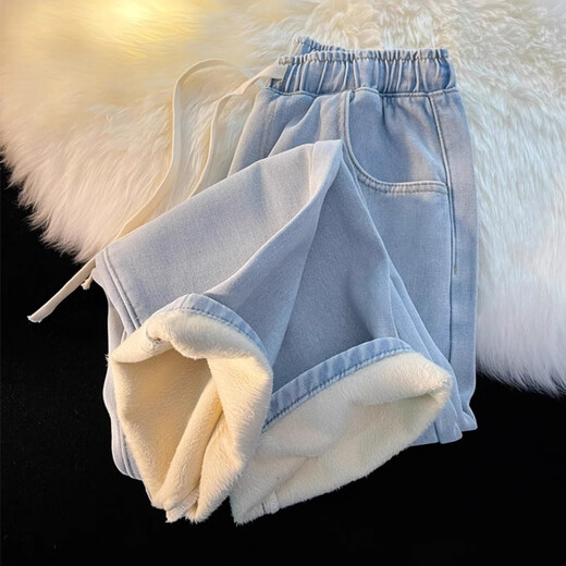 Velvet Thickened Straight Jeans Women's Winter 2025 New Small Wide Leg Cotton Elastic Waist Autumn and Winter Pants Retro Blue - Velvet XL