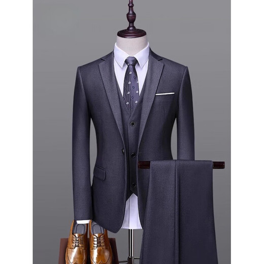 GOLDLION G+ Men's Suit Suit High-end Slim Business Formal Wear Men's Korean Style Professional Suit Wedding Groom's Wedding Dress Black Single Button Four-piece Suit + Vest + Shirt + Pants 5XL