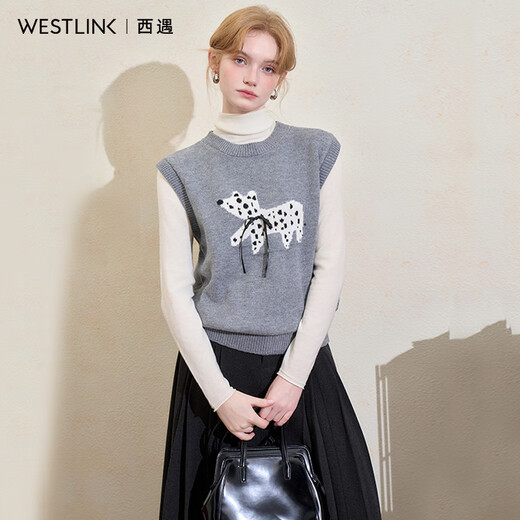 Westlink Westlink cute polka dot puppy knitted vest for women winter new versatile round neck pullover loose sweater gray M