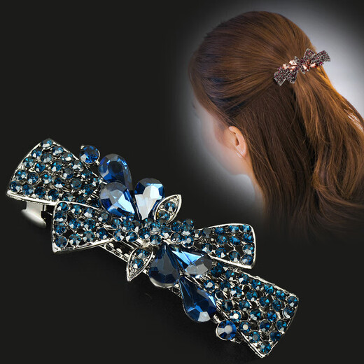 Bow rhinestone hairpin for women, adult half-tied hairpiece, one-word ponytail hairpin at the back of the head, mom style spring clip, blue 1 pack