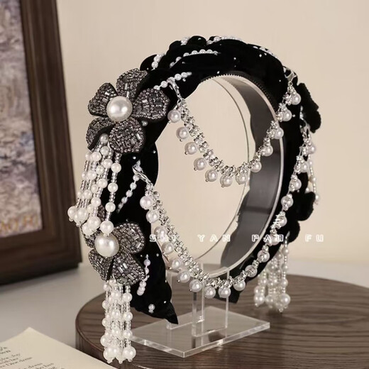 The fog adds beauty to Yilian Youmeng wide-brimmed headband, hand-woven ethnic style hair ornaments, flowers, detachable tassels and beads French headdress, Yilian Youmeng black