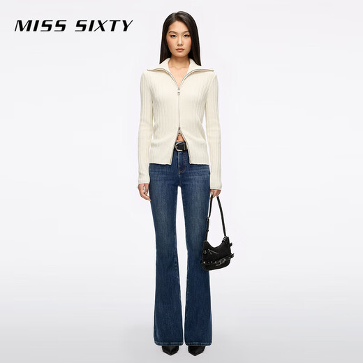 MISS SIXTY2025 new winter jeans for women with cashmere slim stretch thick retro flared trousers medium dark blue short version 25