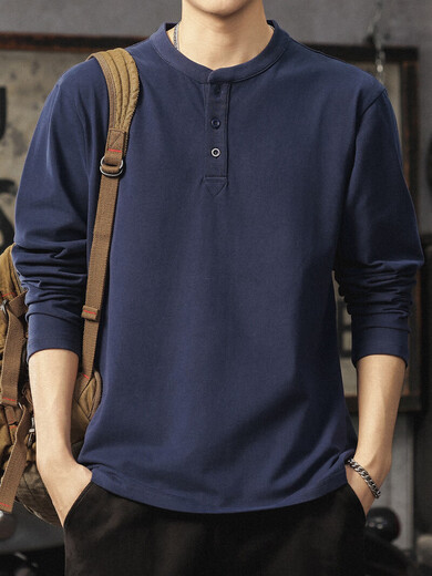 Luo Meng spring and autumn pure cotton long-sleeved t-shirt for young men, stylish and handsome loose casual Henry collar bottoming shirt trendy navy blue L 120-140Jin Jin is equal to 0.5 kg